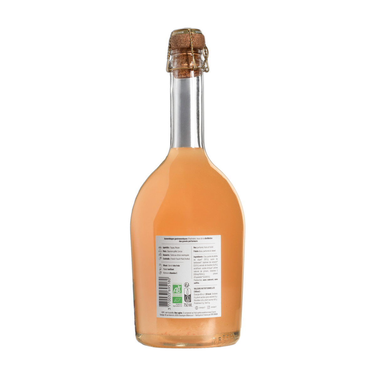 Achterkant van de fles SOVAGE Doux & Épicé met ingrediënten en voedingswaarde